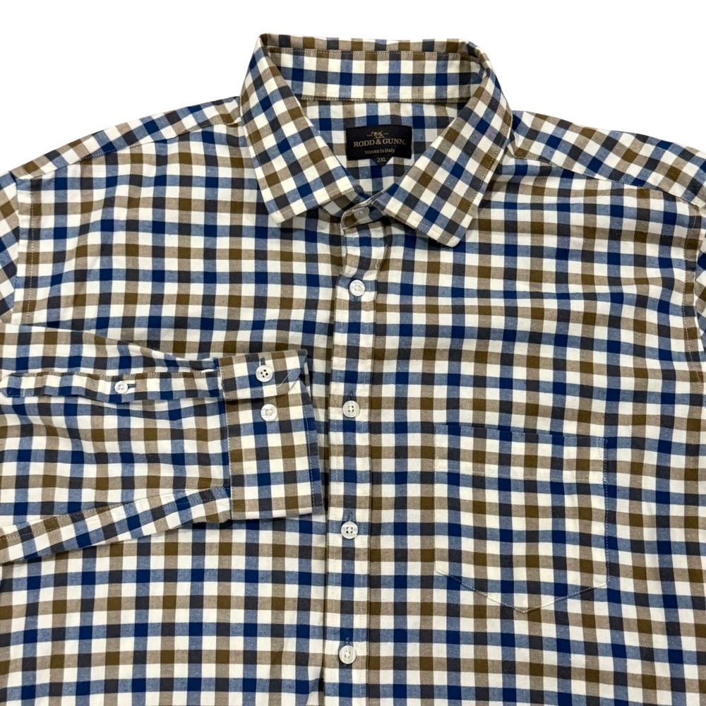 Rodd & Gunn Mens 2XL Blue Brown Gingham Check Button Down Shirt Woven in Italy